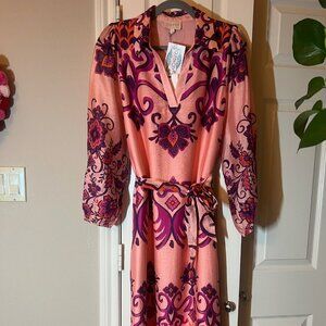 NWT Women's CIEBON Pink & Purple Long Sleeve Belted Midi Dress - Medium